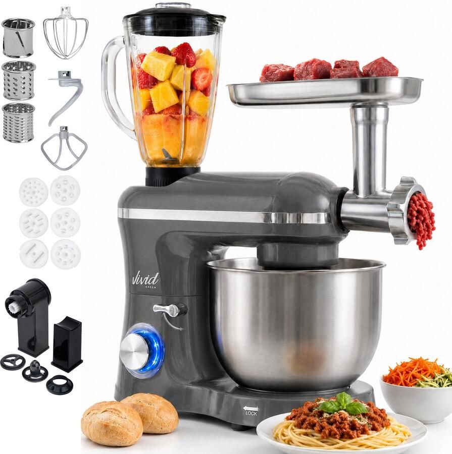 Vivid Green Keukenmachine multifunctioneel 2000W – Keukenrobot – Foodprocessor – Keukenmixer met RVS Mengkom – Incl. 15 Accessoires – Incl. Gehaktmolen en Blender 6.2L – Grijs –