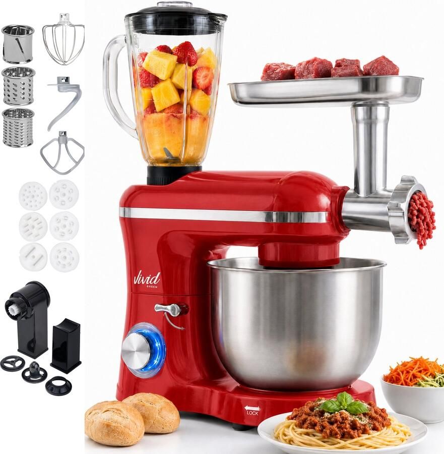 Vivid Green Keukenmachine multifunctioneel 2000W – Keukenrobot – Foodprocessor – Keukenmixer met RVS Mengkom – Incl. 15 Accessoires – Incl. Gehaktmolen en Blender 6.2L – Rood – - Foto 3