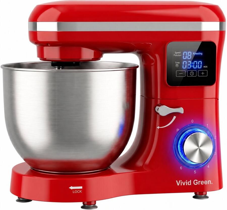 Vivid Green Keukenmachine 2000W Keukenrobot Display met Timer Foodprocessor Keukenmixer met RVS Mengkom Incl. 5 Accessoires 6.2L Rood