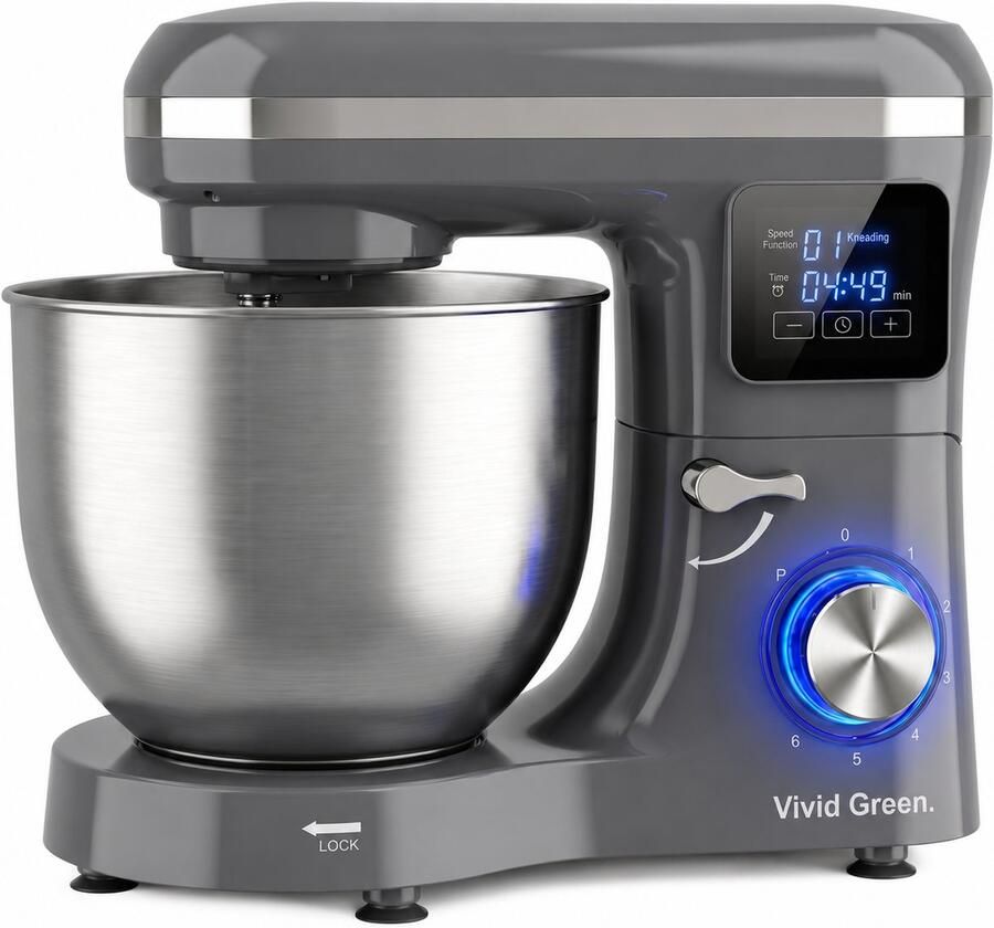 Vivid Green Keukenmachine 2000W Keukenrobot Display met Timer Foodprocessor Keukenmixer met RVS Mengkom Incl. 5 Accessoires 6.2L Antraciet