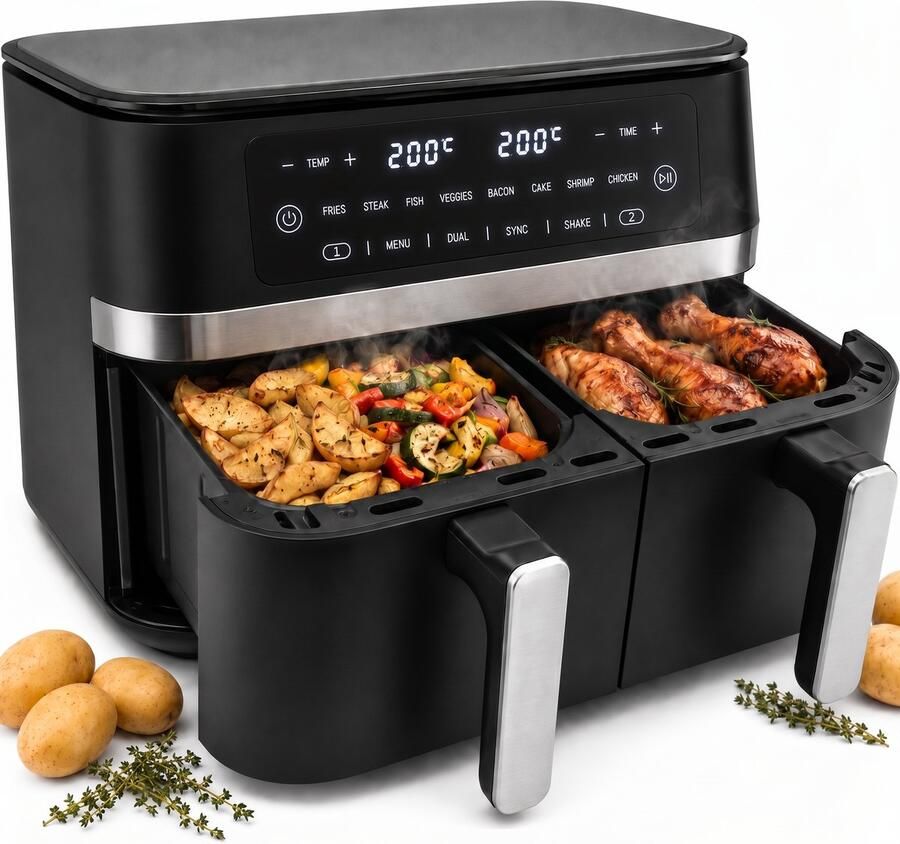 Vivid Green Dubbele Airfryer XXL – 11L (2×5 5L) – Dual Zone met SYNC – 2950W – PFAS-vrij – Vaatwasserbestendig –