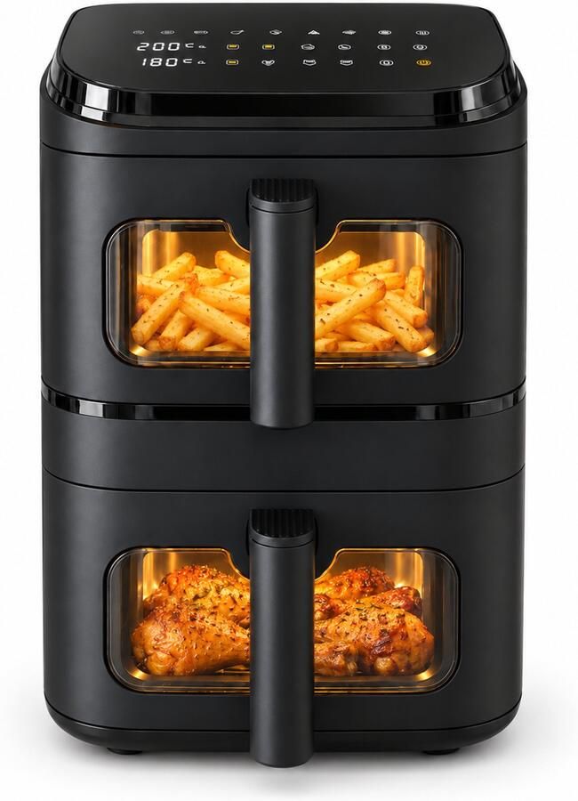 Vivid Green Dubbele Airfryer Verticaal – 9L – 2 Lades – Dual Zone met SYNC – Kijkvenster – 2500W – PFAS-vrij – Zwart