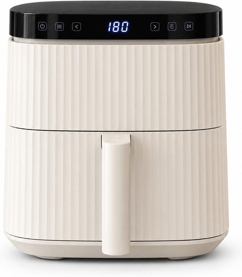 Vivid Green Airfryer 5L – Tot 5 Personen – 12 Programma's – Ribbeldesign – Vaatwasserbestendig – PFAS-vrij – Crème