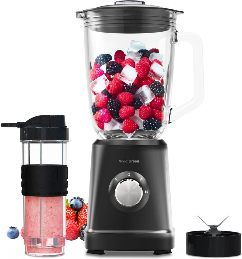 Vivid Green Blender 1200W 1.5L Smoothie Maker Inclusief beker to go 570ml Glas Zwart - Foto 2