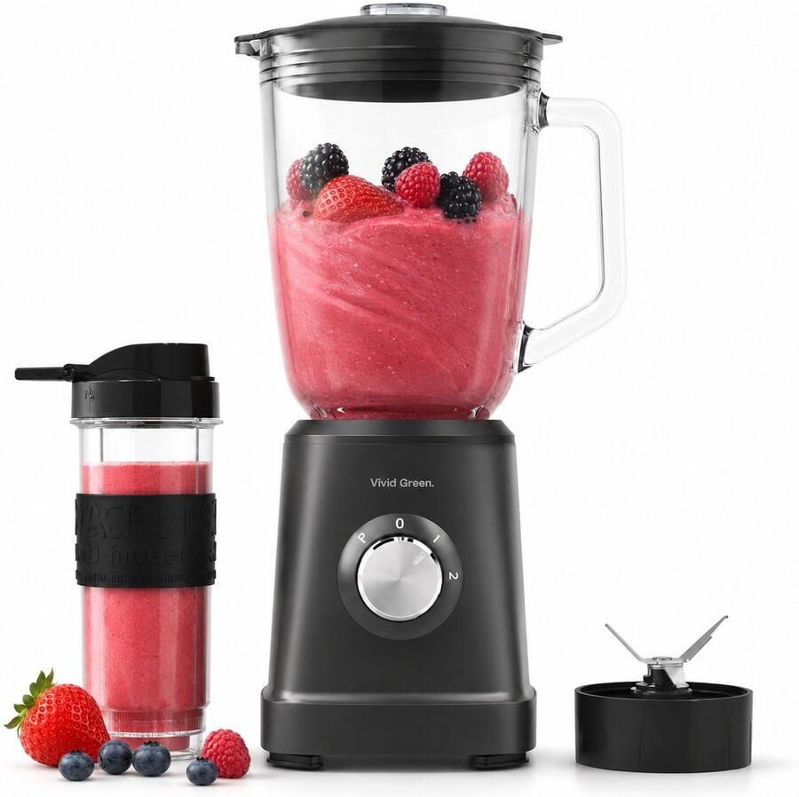 Vivid Green Blender 1200W 1.5L Smoothie Maker Inclusief beker to go 570ml Glas Zwart - Foto 1