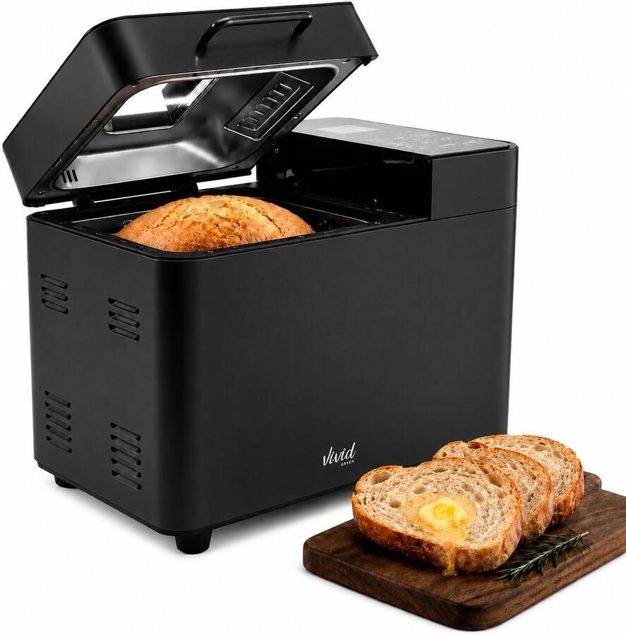 Vivid Green Broodbakmachine Warmhoudfunctie & Timer 18 programma's 500 1000 gram PFAS vrij Glutenvrij programma Broodmachine 600W Zwart