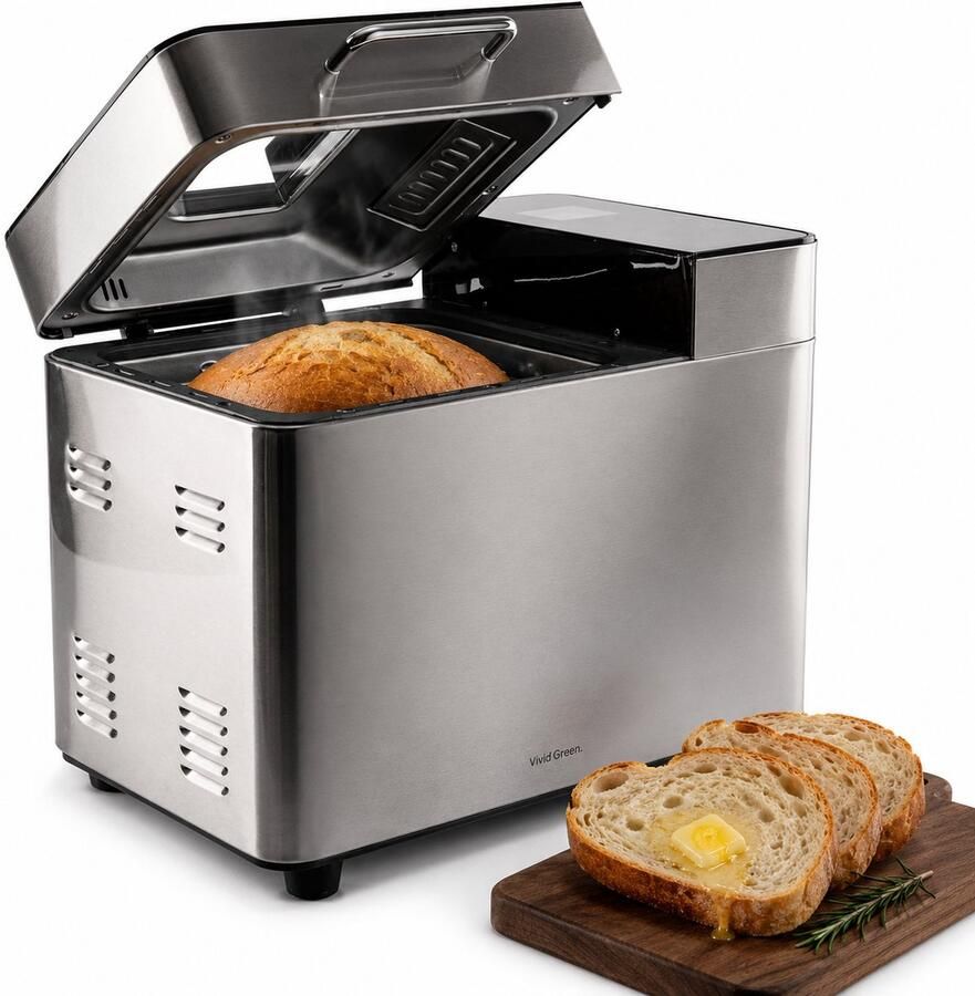 Vivid Green Broodbakmachine Warmhoudfunctie & Timer 18 programma's 500 1000 gram PFAS vrij Glutenvrij programma Broodmachine 600W RVS