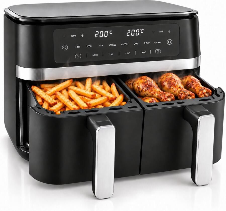 Vivid Green Dubbele Airfryer – 11 Liter – Dual Zone met SYNC – 2 Lades – 2950W – 5 Jaar Garantie – Heteluchtfriteuse – Tot 8 Personen – PFAS-vrij – Zwart