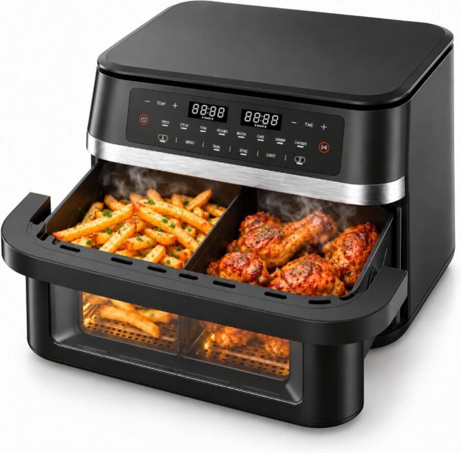 Vivid Green Dubbele Airfryer – 12L – Dual Zone met SYNC – Uitneembare Verdeler – Kijkvenster – 2950W – PFAS-vrij – Zwart