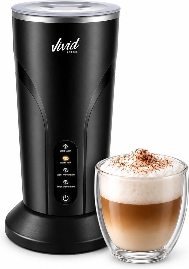 Vivid Green Elektrische Melkopschuimer 4-in-1 500W PFAS-vrij 300 ml Zwart Warm & Koud Schuim Compacte Melkklopper Electrisch