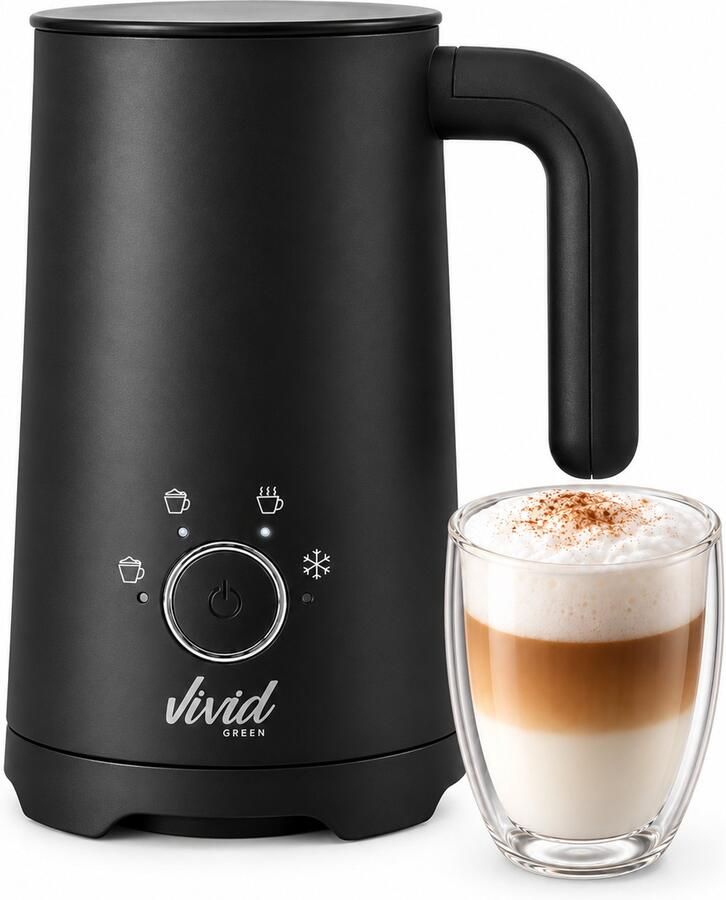 Vivid Green Elektrische Melkopschuimer Warm & Koud Schuim PFAS-vrij 4 Standen 300 ml Melkschuimer Electrisch Ook voor Chocolademelk Zwart