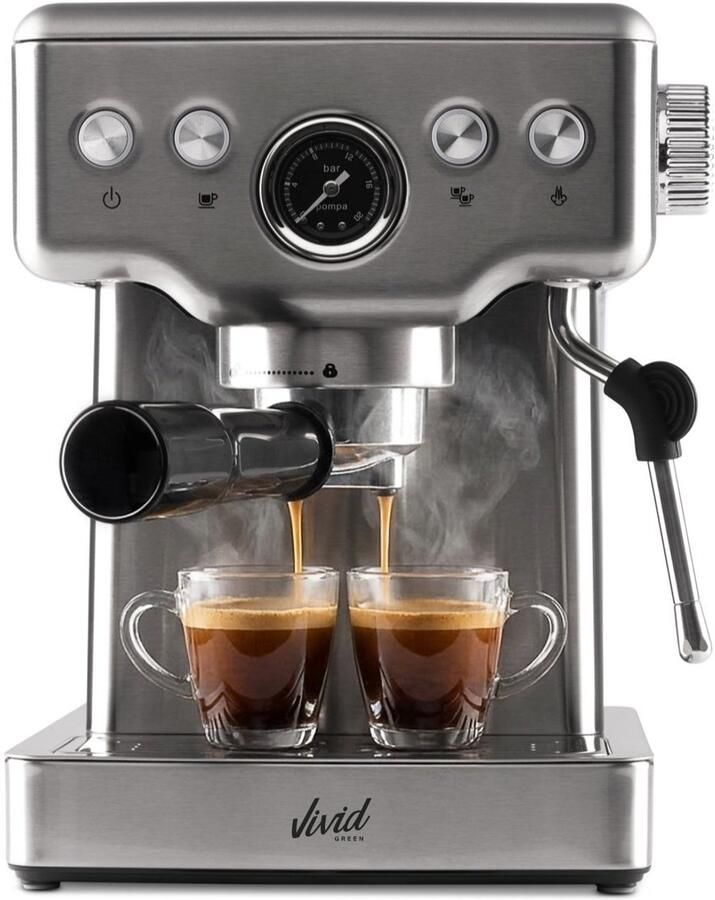 Vivid Green Espressomachine 20 Bar Pistonmachine met stoompijpje Kopjesverwarmer Coffee Machine RVS