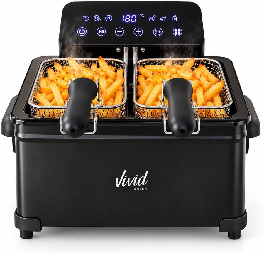 Vivid Green Frituurpan 5L – Digitaal Display – 6 Programma's – Koude Zone – Oliefilter – 3 Manden – Kijkvenster – Anti-Geurfilter – 2000W – Zwart