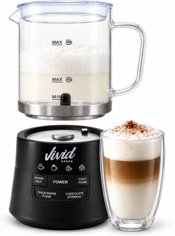 Vivid Green Glazen Melkopschuimer Vaatwasserbestendig PFAS-vrij Uitneembare Glazen Kan Inductie 400 ml Elektrisch Warm & Koud Schuim en Chocolademelk