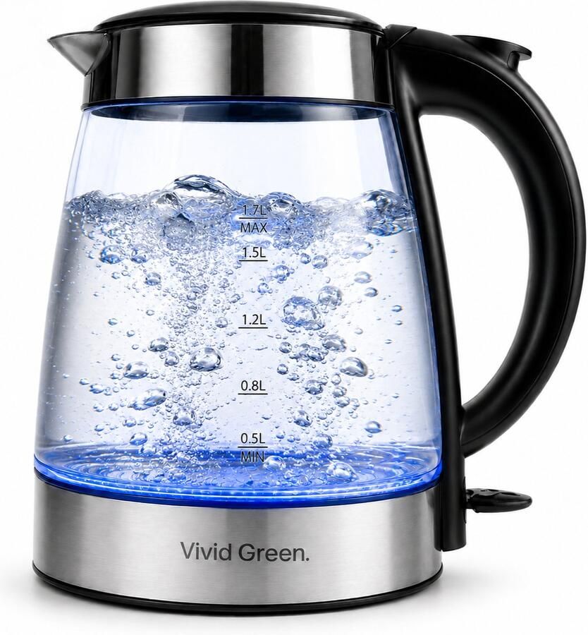 Vivid Green Glazen Waterkoker 1 7L Met uitneembaar Kalkfilter LED Verlichting Elektrisch 2200W Glas