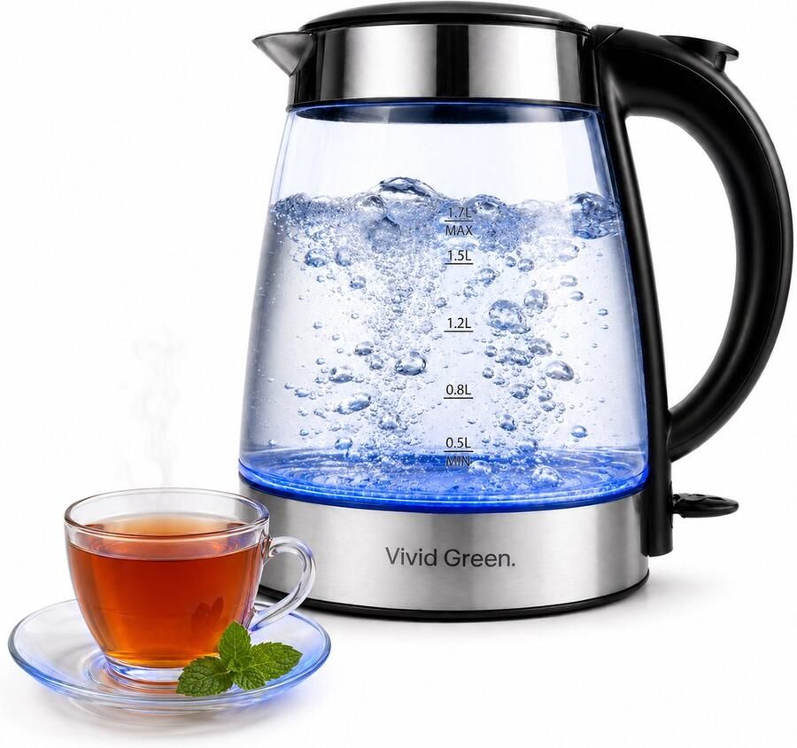 Vivid Green Glazen Waterkoker 1 7L Met uitneembaar Kalkfilter LED Verlichting Elektrisch 2200W Glas