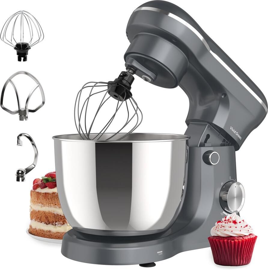 Vivid Green Keukenmachine 1500W Keukenrobot Keukenmixer Mixer met Mengkom 5L Grijs