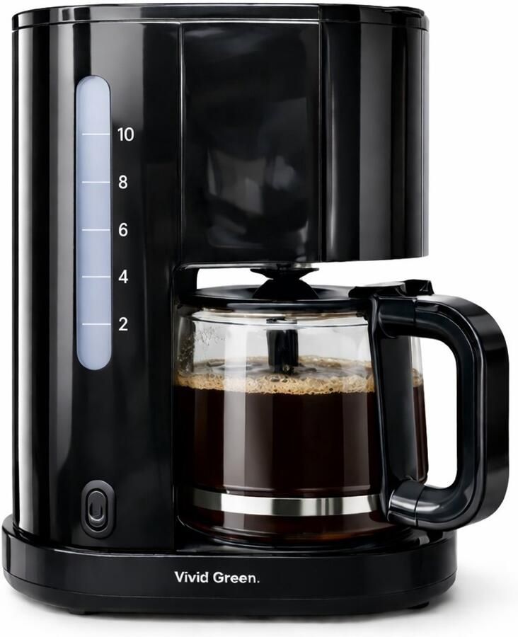 Vivid Green Koffiezetapparaat Filterkoffie 1 25 Liter Met Glazen Kan & Herbruikbaar Filter 10 Kopjes Druppelstop Zwart