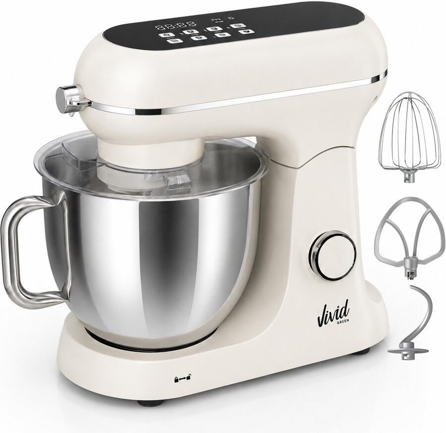 Vivid Green Luxe Keukenmixer Touchscreen Display 7L Mengkom 11 Snelheden Vaatwasserbestendig Keukenmachine Keukenrobot Crème