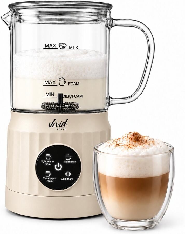 Vivid Green Melkopschuimer Glas PFAS-vrij 4-in-1 400 ml Creme Glazen Melkopschuimer Elektrisch Warm & Koud Schuim Melkklopper voor Cappuccino