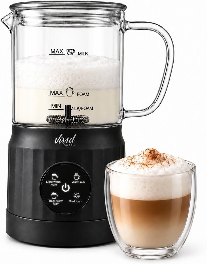 Vivid Green Melkopschuimer Glas PFAS-vrij 4-in-1 400 ml Zwart Elektrische Melkschuimer Glazen Kan zonder Coating Warm & Koud Schuim