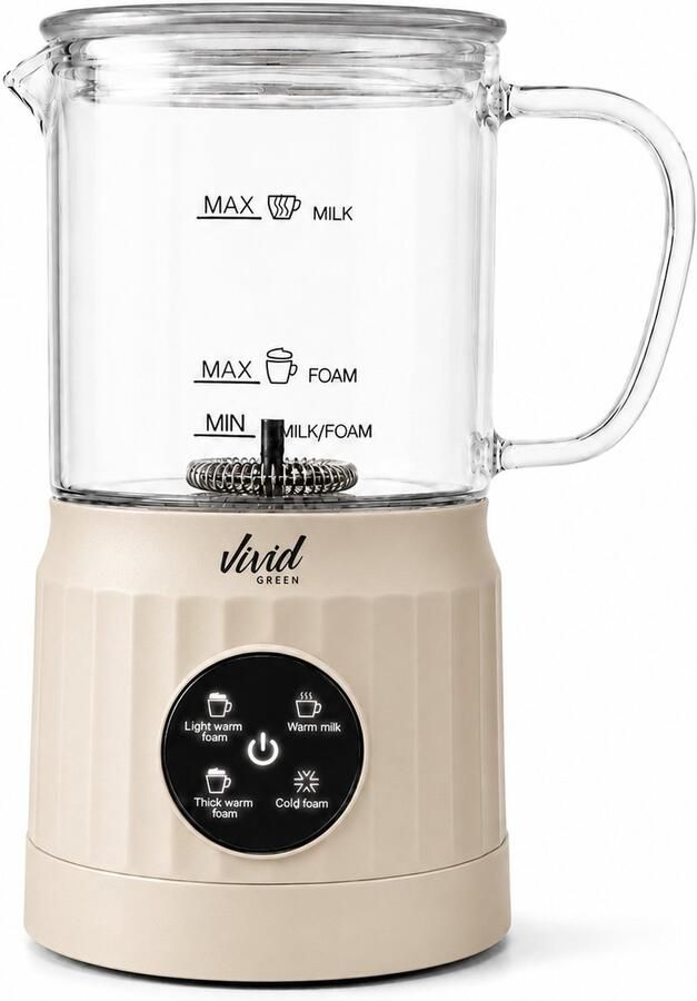 Vivid Green Melkopschuimer Glas PFAS-vrij 4-in-1 Melkschuimer Elektrische Melkklopper Creme