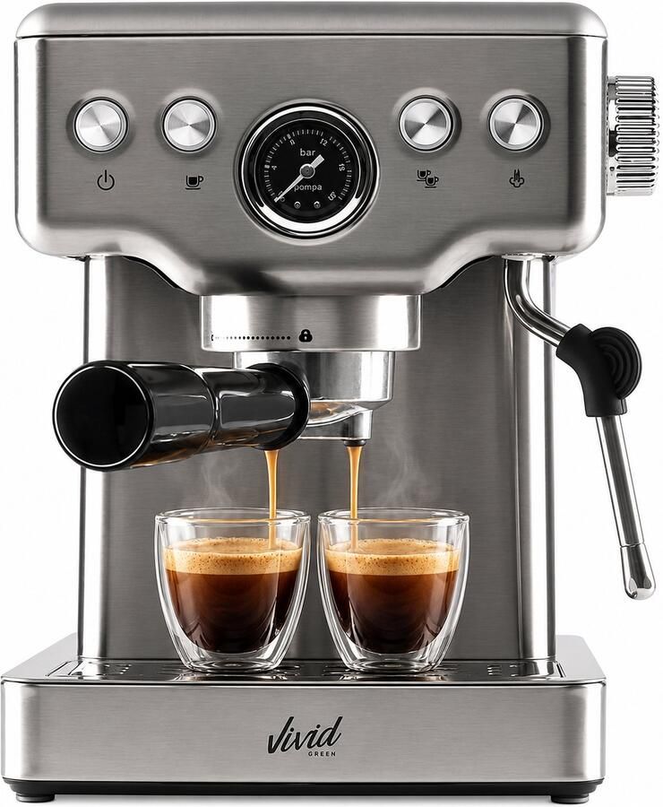 Vivid Green Pistonmachine Espressomachine 20 Bar met Manometer Koffiemachine met Stoompijpje 1 8 L RVS Incl. Melkkan