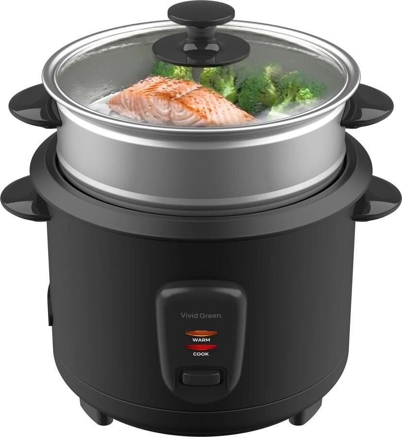Vivid Green Rijstkoker met Stoommand 1L 5 Porties Warmhoudfunctie Antiaanbaklaag Rice Cooker Zwart