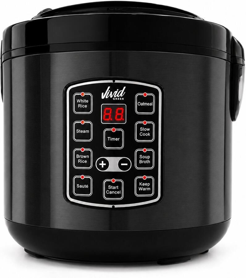 Vivid Green Rijstkoker 1.5L met stomer PFAS-vrij Slowcooker met Timer 8 Porties Multicooker Rice Cooker Zwart