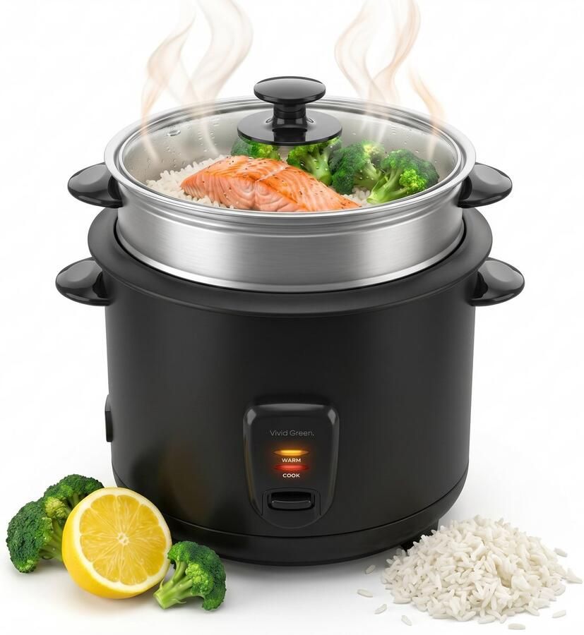 Vivid Green Rijstkoker met Stoommand 1.5L 8 Porties Warmhoudfunctie Antiaanbaklaag Rice Cooker Zwart