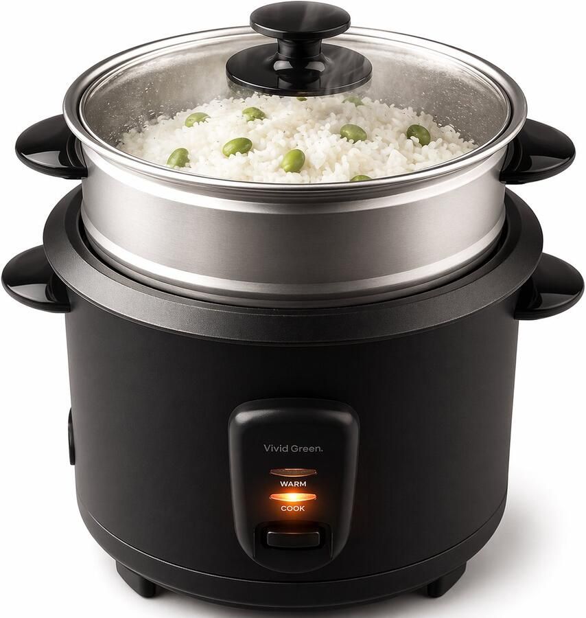 Vivid Green Rijstkoker met Stoommand 1L 5 Porties Warmhoudfunctie Antiaanbaklaag Rice Cooker Zwart