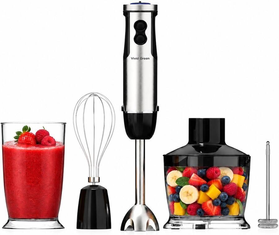 Vivid Green Staafmixer 5-in-1 Set 1000W Vaatwasserbestendig Incl. Hakmolen garde melkopschuimer & Maatbeker 12 Snelheden + Turbofunctie RVS - Foto 4