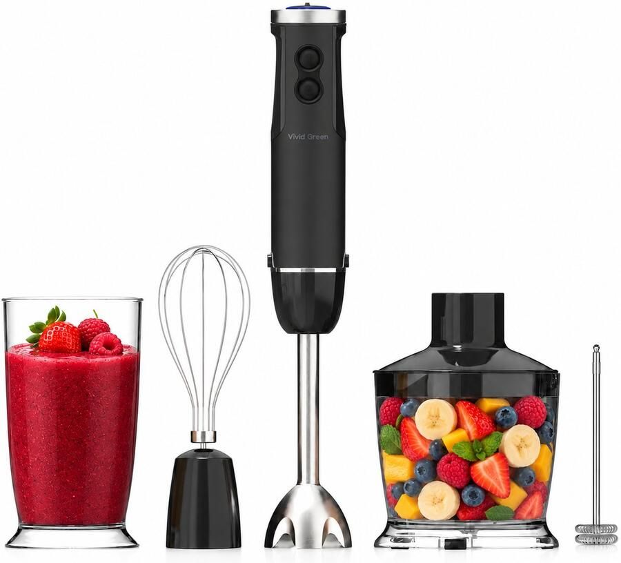 Vivid Green Staafmixer 5-in-1 Set 1000W Vaatwasserbestendig Incl. Hakmolen garde melkopschuimer & Maatbeker 12 Snelheden + Turbofunctie Zwart