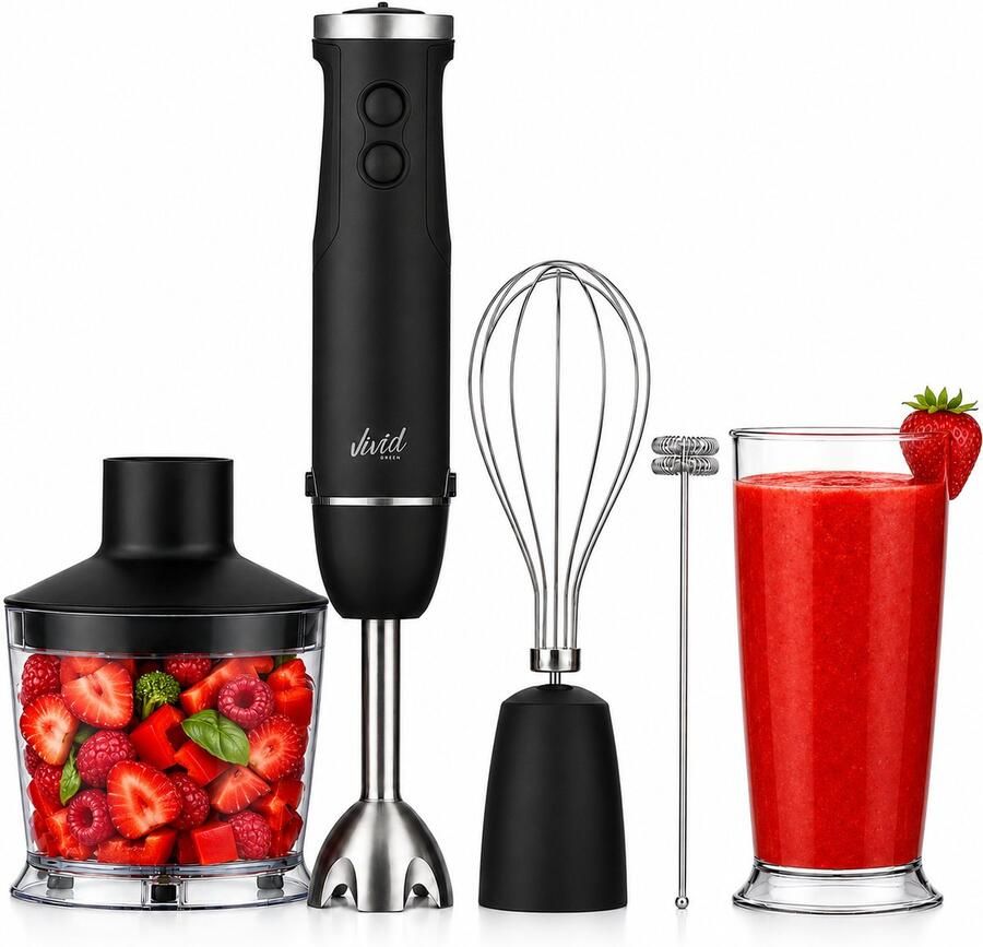 Vivid Green Staafmixer 6-in-1 Set Mat Zwart 1000W Titanium Messen Incl. Hakmolen Garde Melkopschuimer & Maatbeker 12 Snelheden + Turbofunctie Handblender voor Soep Smoothies & Babyvoeding Vaatwasserbestendig