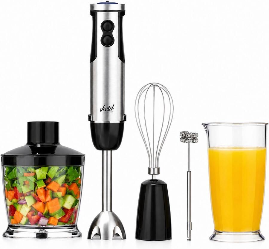 Vivid Green Staafmixer 6-in-1 Set RVS 1000W Titanium Messen Incl. Hakmolen Garde Melkopschuimer & Maatbeker 12 Snelheden + Turbofunctie Handblender voor Soep Smoothies & Babyvoeding Vaatwasserbestendig - Foto 3