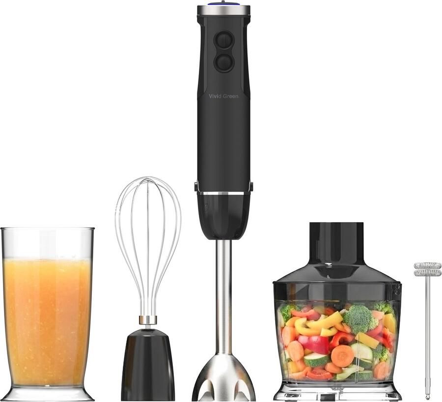 Vivid Green Staafmixer 5-in-1 Set 1000W Vaatwasserbestendig Incl. Hakmolen garde melkopschuimer & Maatbeker 12 Snelheden + Turbofunctie Zwart