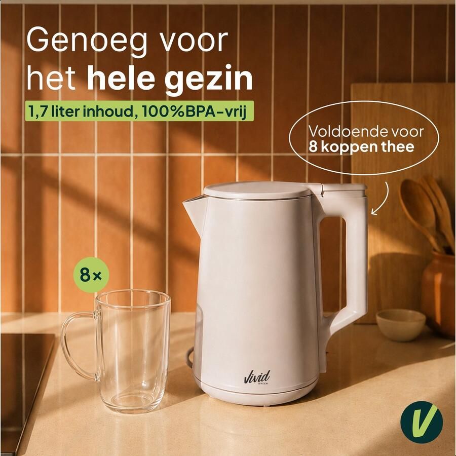 Vivid Green Waterkoker 1.7L Dubbelwandig BPA-vrij RVS 2000W Elektrisch Beige
