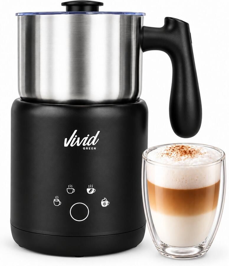 Vivid Green XXL Melkopschuimer 600ml Warm & Koud Schuim Vaatwasserbestendig 4-in-1 Elektrische Melkschuimer PFAS-vrij RVS