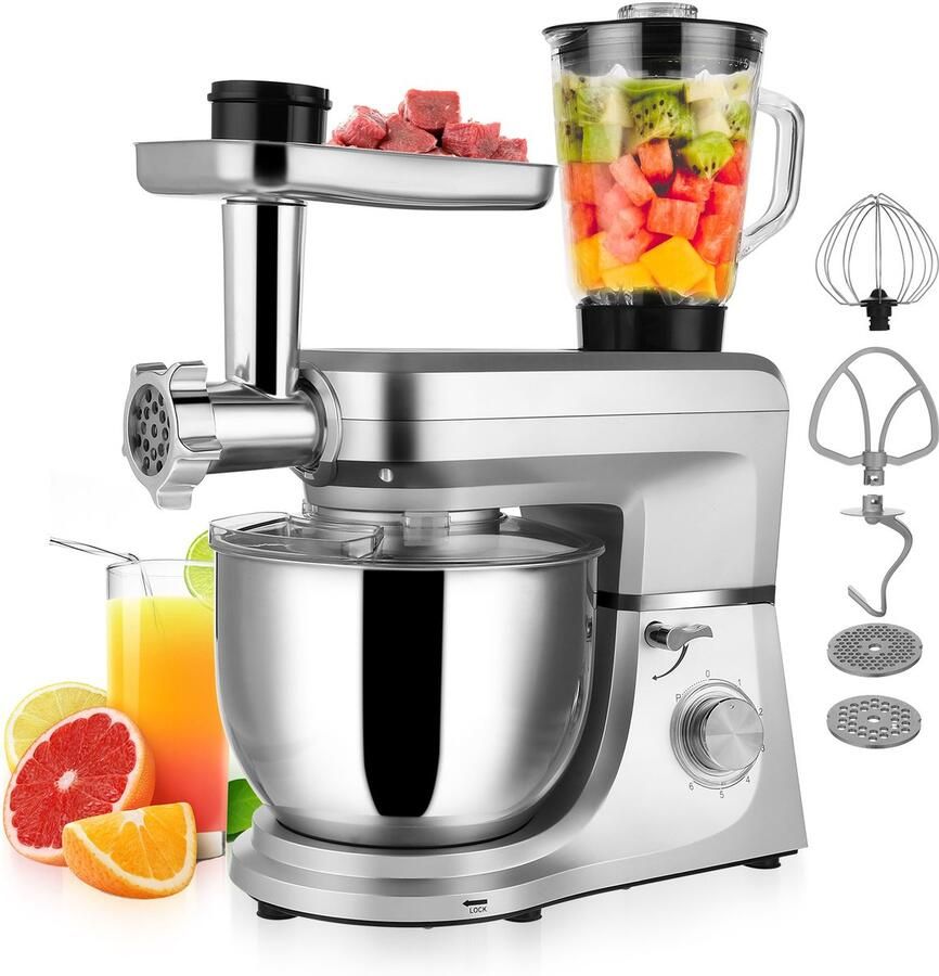 VIVOHOME 6-in-1 Keukenmachine 6L 660W Zilver met Vleesmolen & Pastamachine Professionele Mixer voor Brood Deeg & Taarten