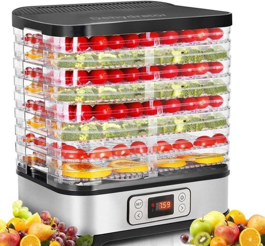 Voedseldroger met Temperatuurregeling 8 Verwijderbare Lagen Instelbare Temperatuur 35-70℃ voor Vlees Fruit Groenten en Noten 400W BPA-vrij