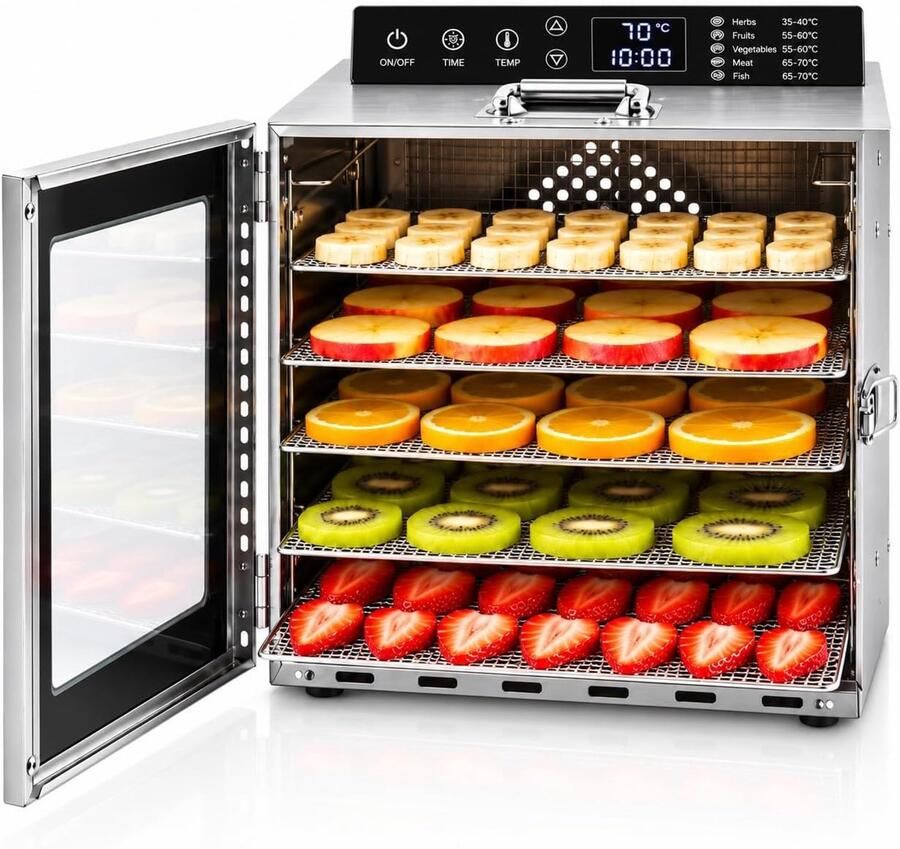 Voedseldroger RVS 6 Laags Met LED Timer en Temperatuurregeling van 30–90°C Voor Gezonde Snacks