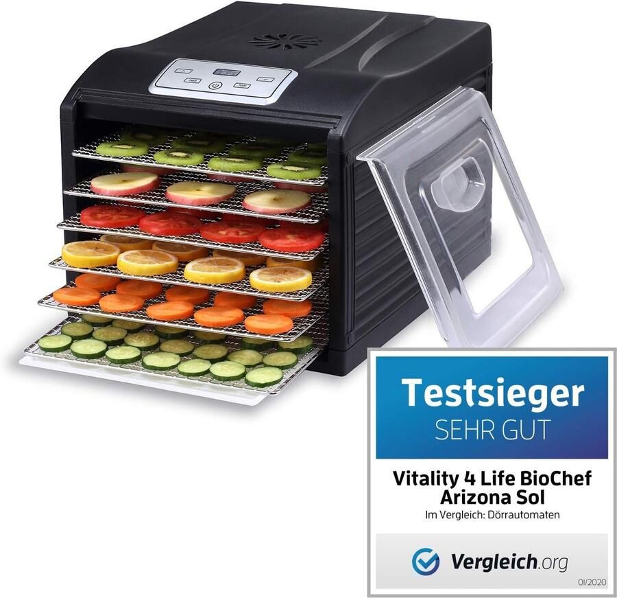 Voedseldroger Zwart 6 Sleuven Roestvrij Staal met Digitale Timer en Thermostaat Voor Het Drogen van Voedsel