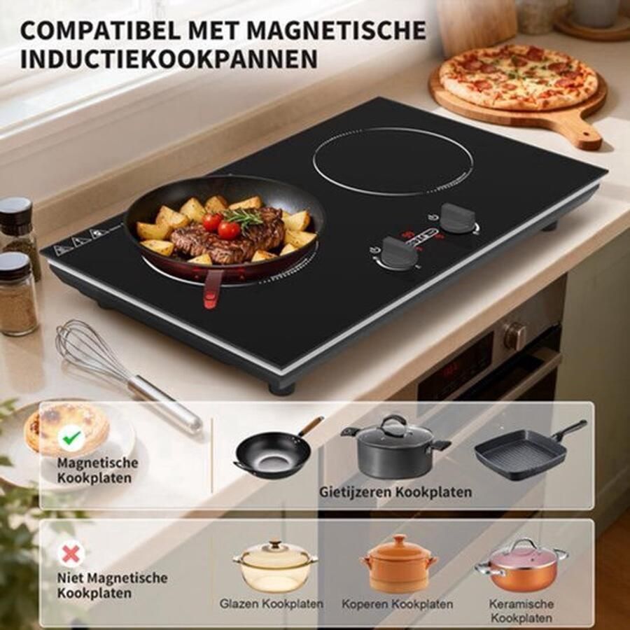 Vrijstaande Inductiekookplaat 2 Platen 3600 W Vermogen 60 cm Breedte Glas Zwart Elektrische Kookplaat