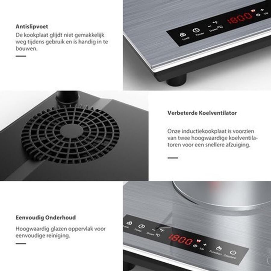 Vrijstaande Inductiekookplaat 3600 W Grijs 2-Pits Elektrische Kookplaat Glas Voor Thuis En Camping
