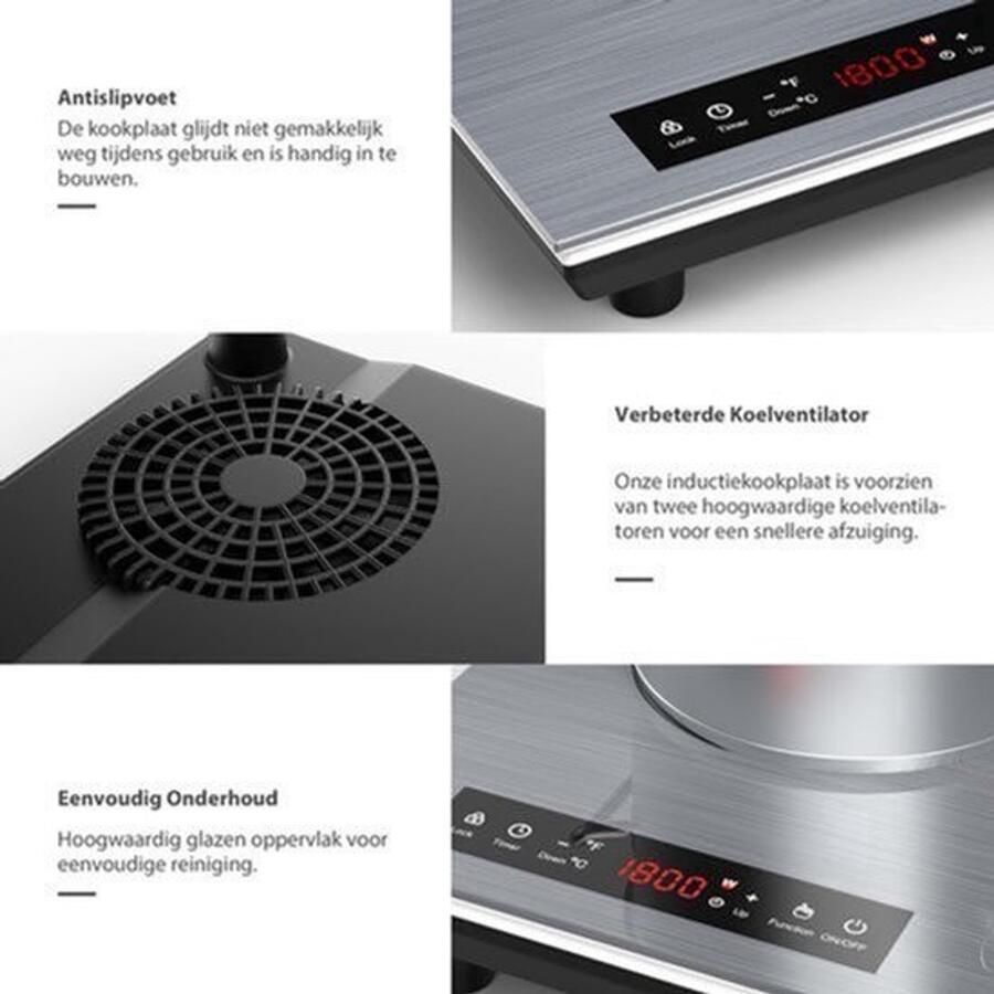 Vrijstaande Inductiekookplaat 3600 W Grijs 2-Pits Elektrische Kookplaat Glas Voor Thuis En Camping