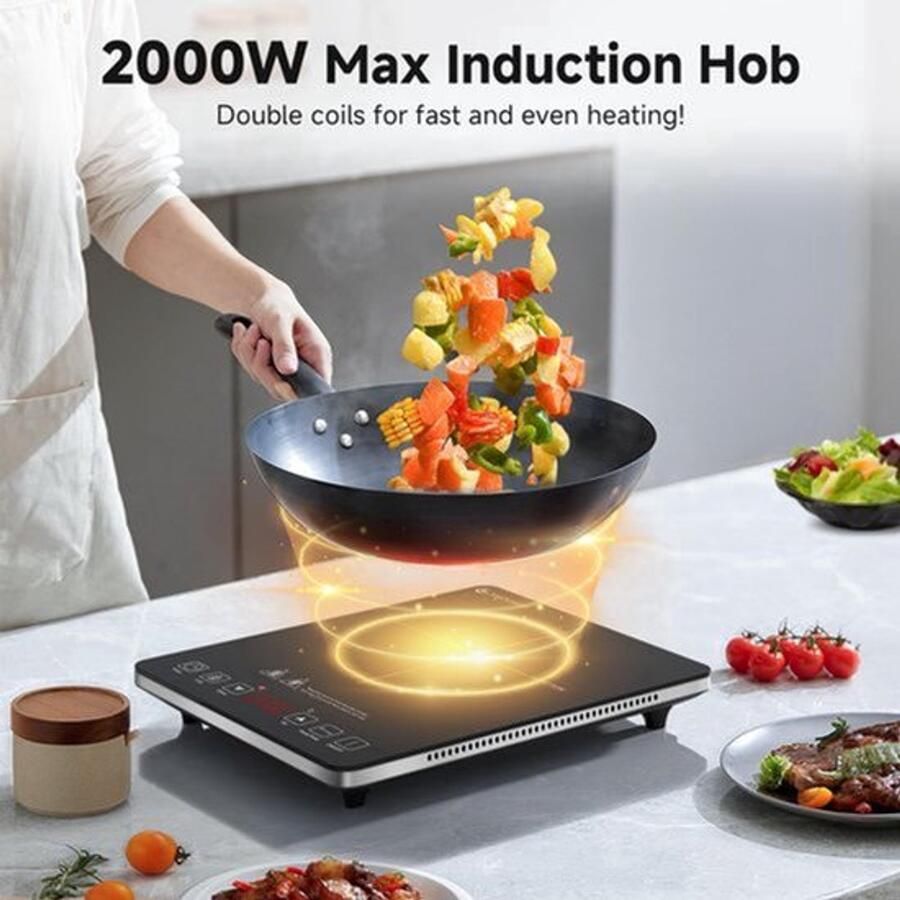 Vrijstaande Inductiekookplaat Enkele Plaat 2000 W Vermogen 35 cm Breed Keramisch Glas Zwart Elektrisch Koken