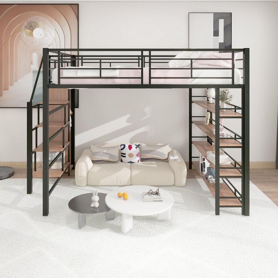 VVBV Ruimtebesparende Hoogslaper 140x200 cm met Voor Kinderen Tieners Uitvalbeveiliging Trap Ladder Planken Zwart