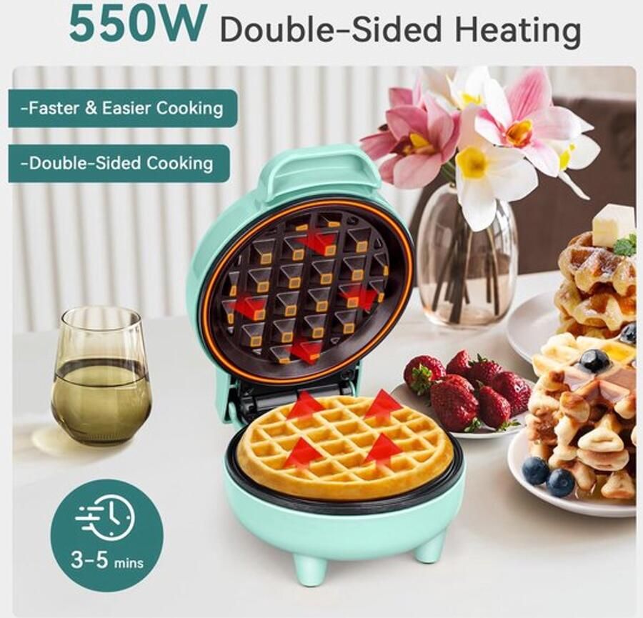 Wafelijzer mini-wafelijzer 550 W met anti-aanbaklaag automatische temperatuur compact design groen