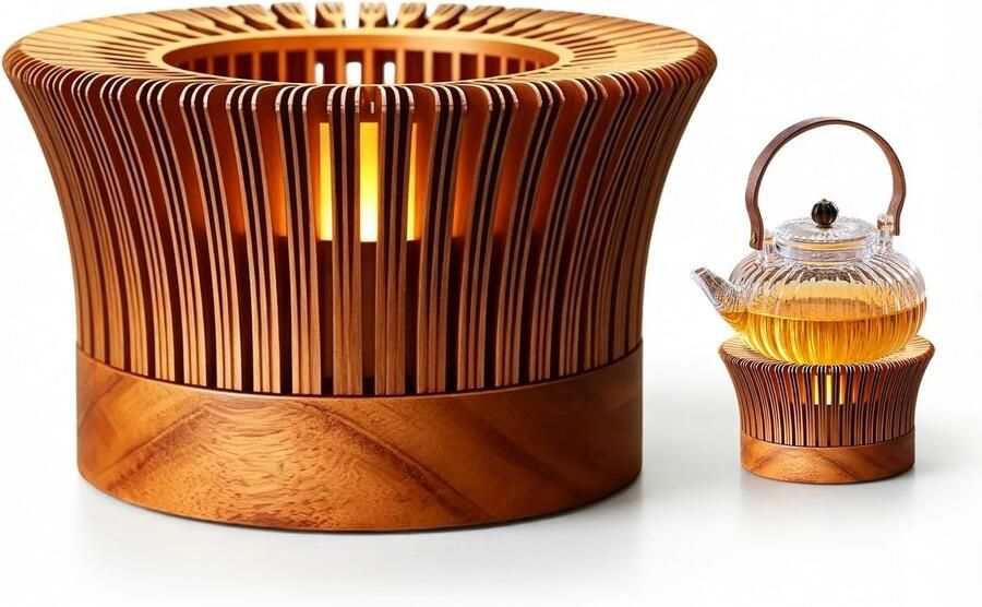 Warmhoudplaat Goudkleurig aluminium Met houten sokkel Theelicht