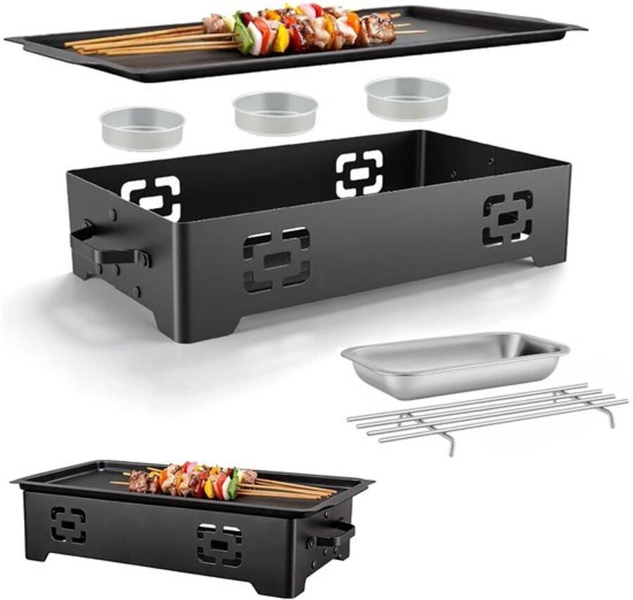 Warmhoudplaat voor BBQ voedselwarmhoudplaat voedselwarmer met 2 alcoholschalen en 1 houtskoolschaal anti-aanbakplaat grillaccessoires voor buiten en tuin 37 5 x 20 5 x 8 3 cm zwart